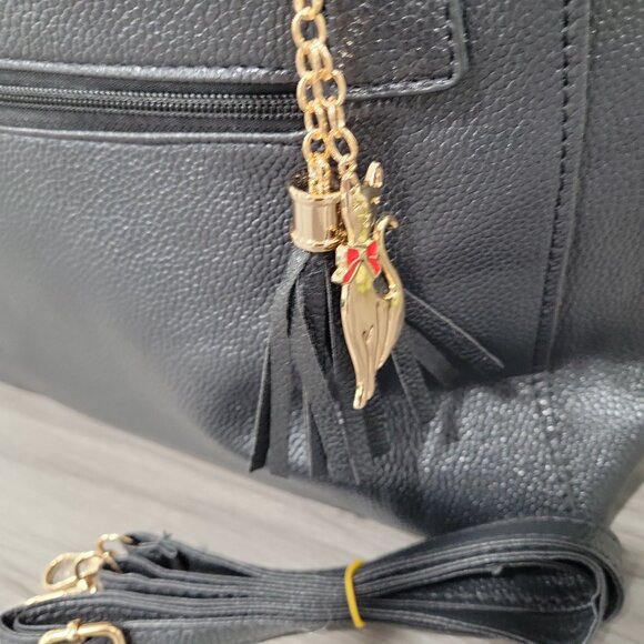 Black Faux Leather Tote Bag Pink Accents Satchel Crossbody Purse w Charm - Picture 8 of 10